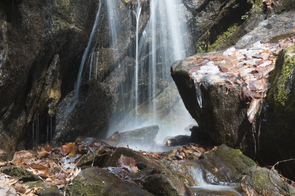 Small rainbow in the upper drop of the waterfall on Wolf Branch