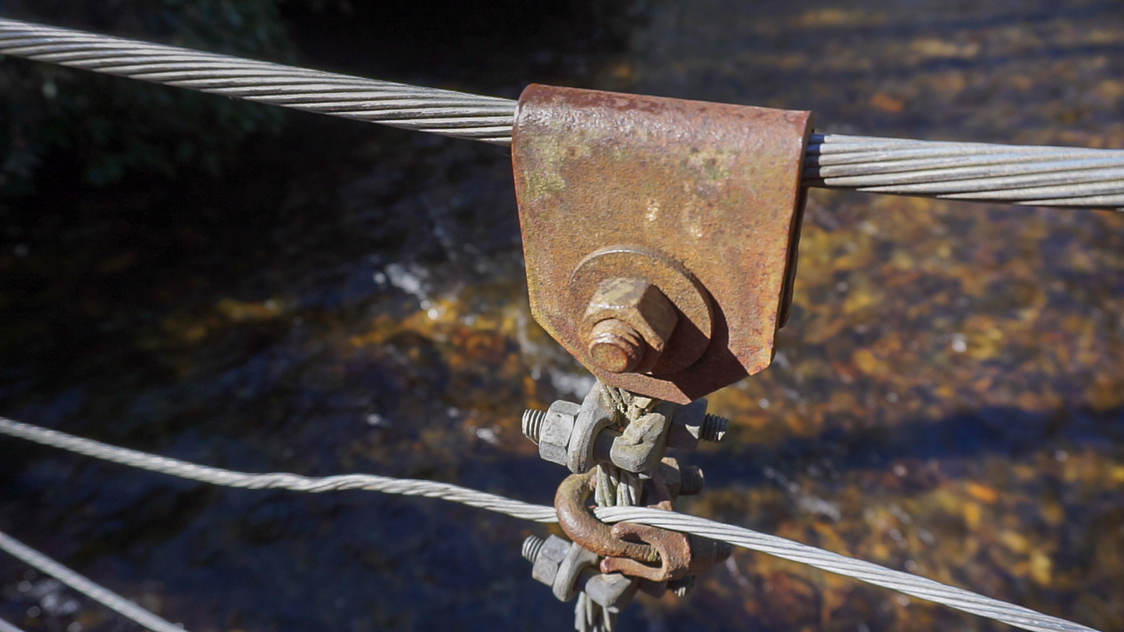 Hardware on the suspension bridge over the South Mills River
