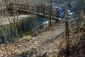 Sign and Bridge on River Loop Trail